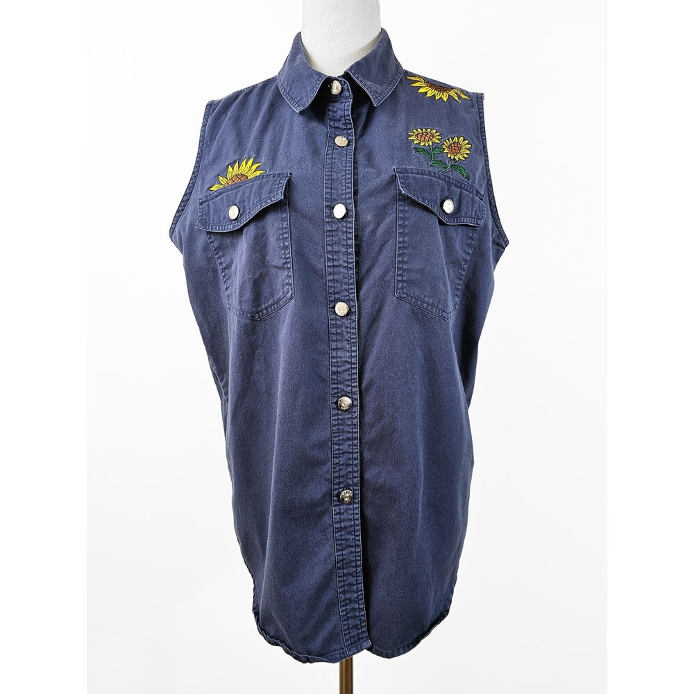 Copper Key Large Blue Sun Flower Denim Style Button Up Tank Top Vest